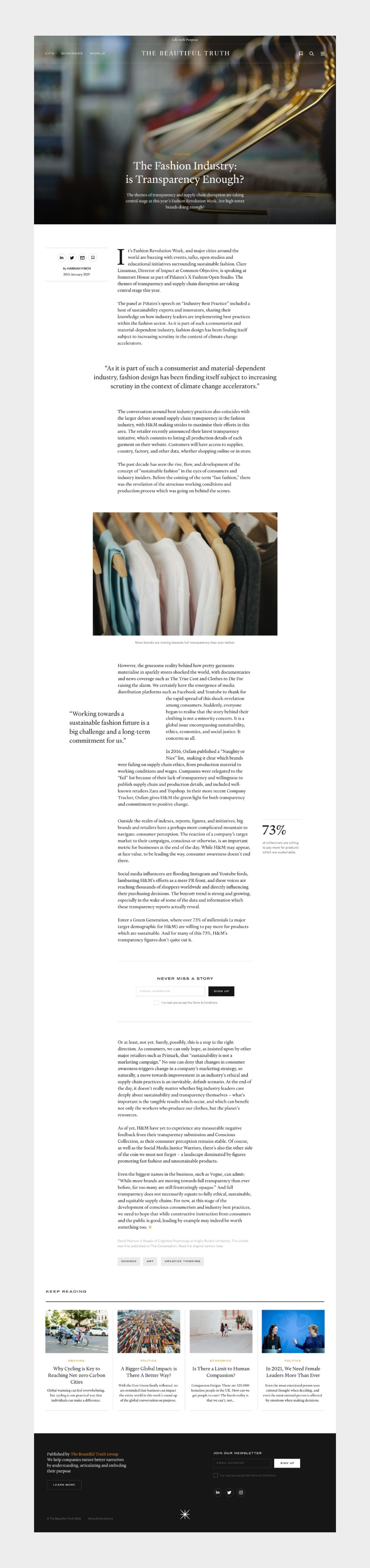 An article page example showing the modular design system of editorial website The Beautiful Truth