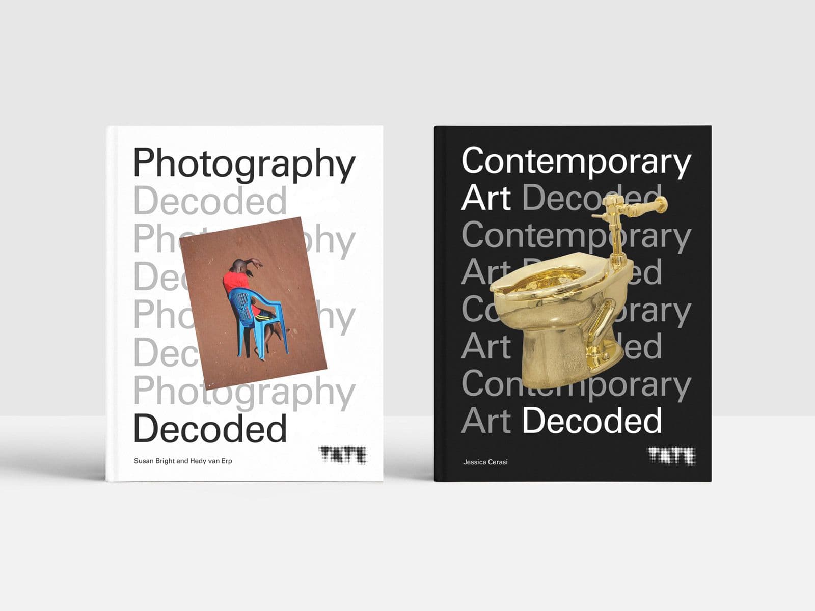 Two modernist book designs appear next to each other in a photographic studio setting. The books are two of a series to do with decoding photography and modern art. Design by Extract Studio