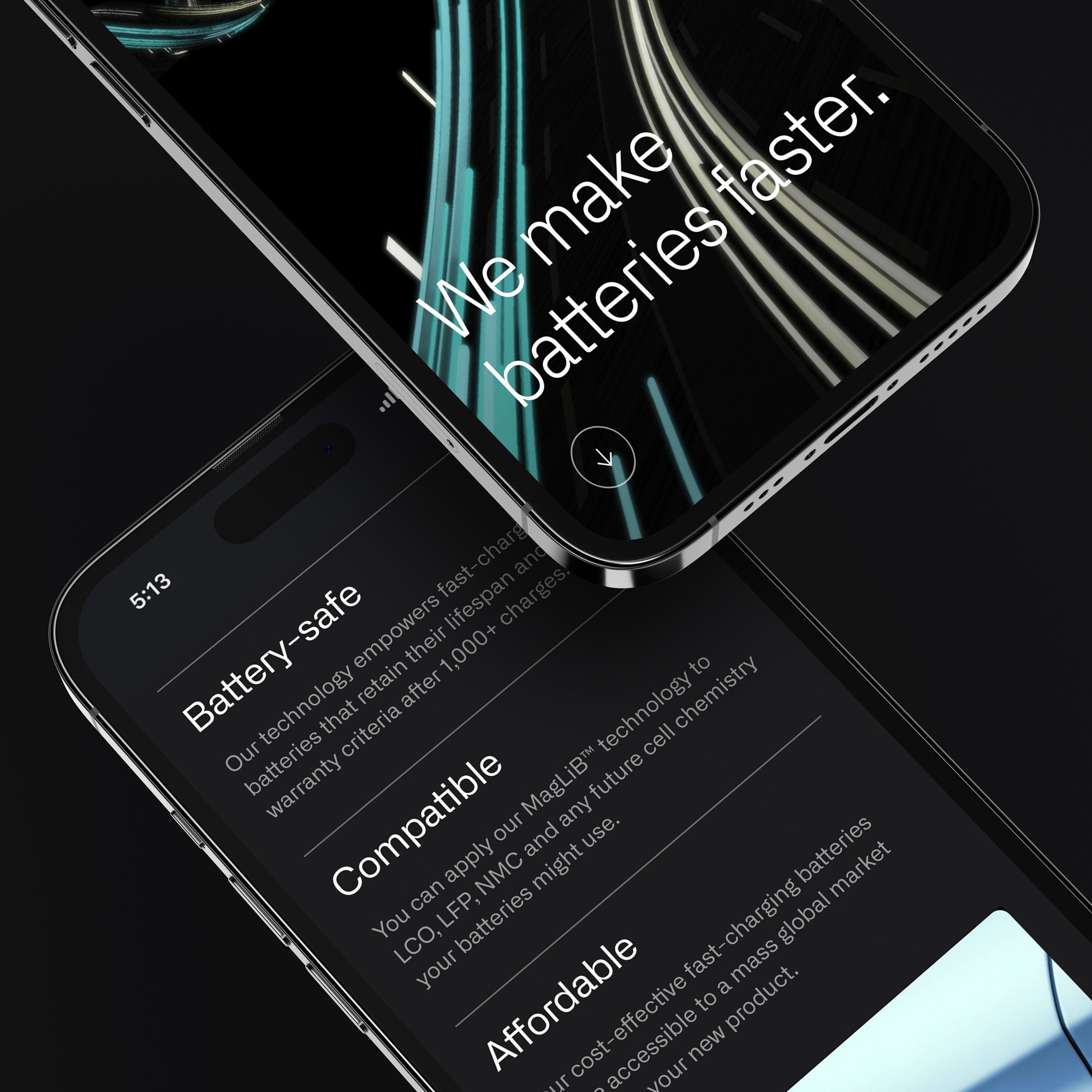 Website for fast-charging battery startup Gaussion. Designed by Extract