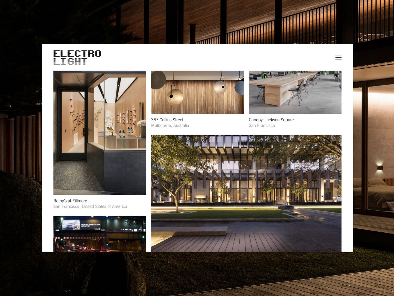 Website homepage for a Lighting consultancy, featuring a grid of project thumbnails.