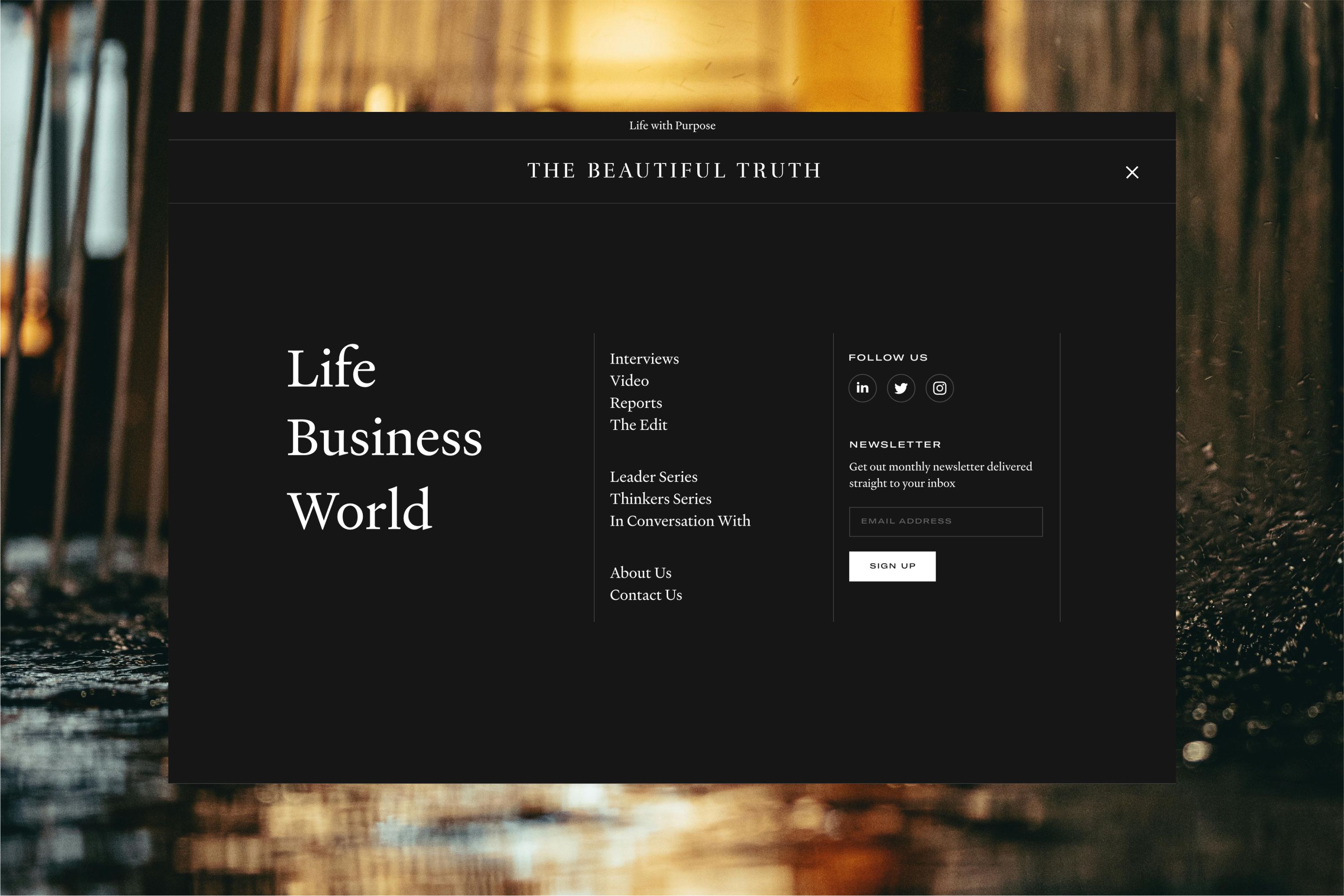 Desktop view of the navigational menu for the website of The Beautiful Truth. Design by Extract Studio