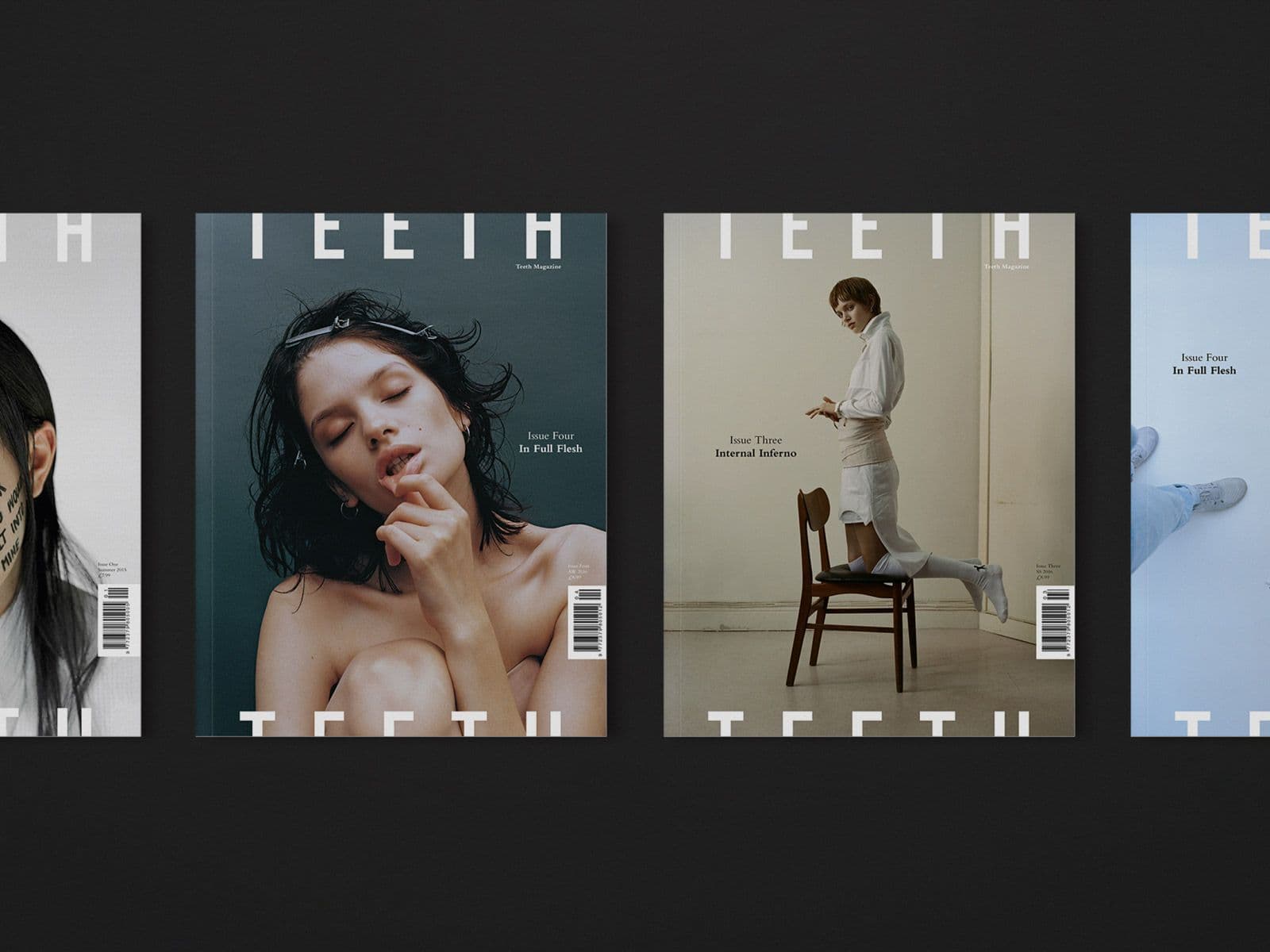 4 covers of Teeth magazine on a dark background.
