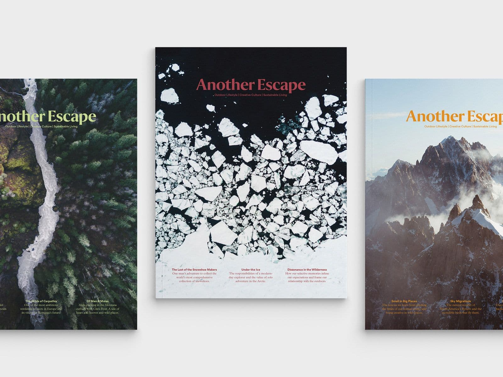 Three Volumes of Another Escape magazine with unique outdoor-themed covers.