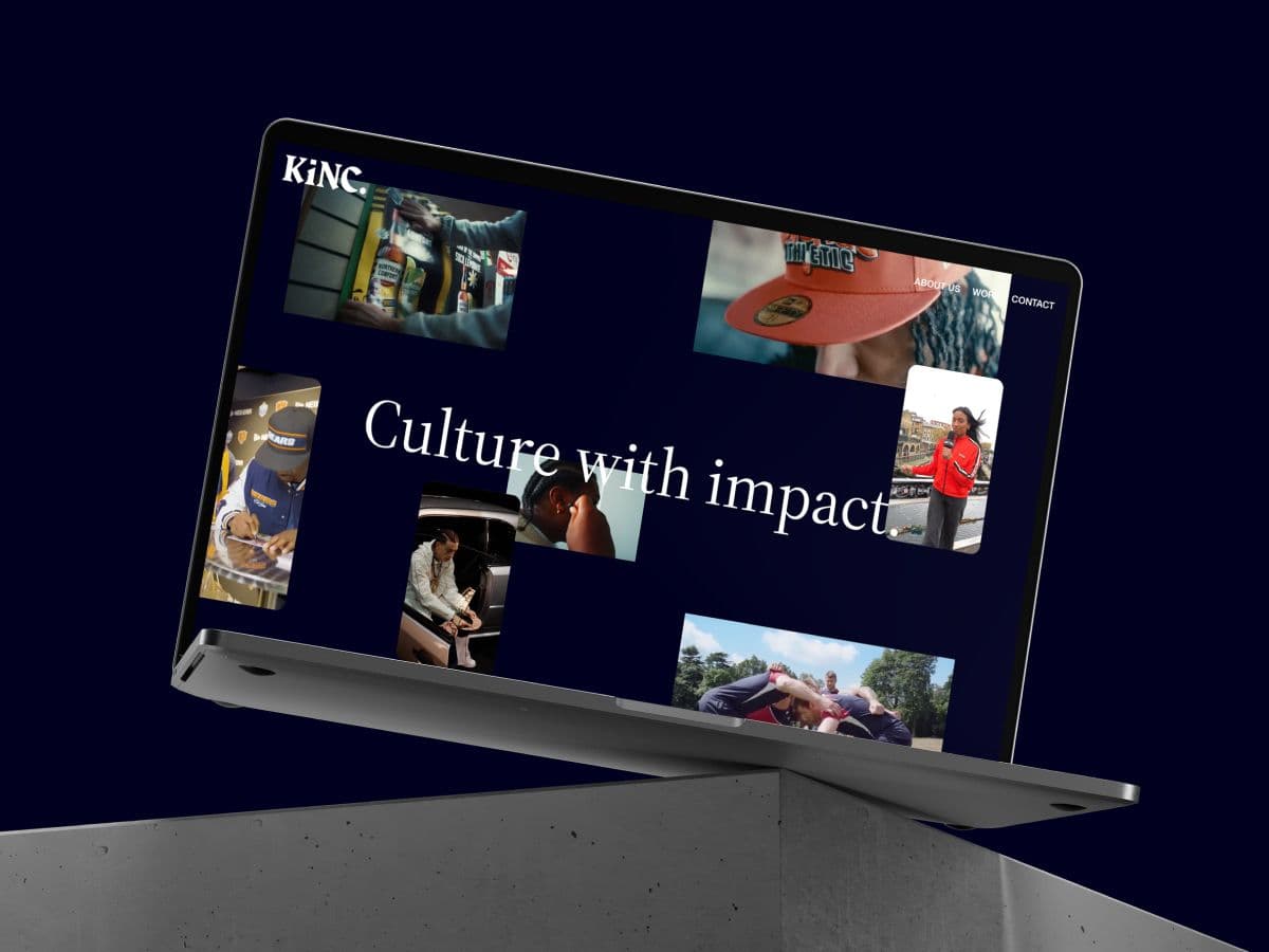 A bold new website for a culture-shaping marketing agency KiNC. Homepage of KINC, a marketing agency website featuring the tagline 'Culture with impact' alongside bold visuals representing youth culture, influencer marketing, and brand activation.